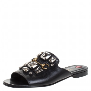 مملوكة مسبقًا Gucci Black Leather Julie Faceted Open Toe Flat Size 37