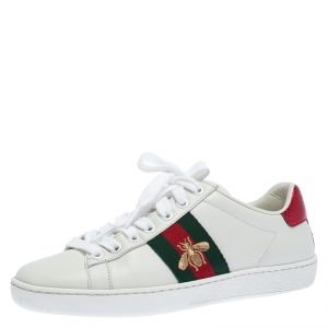 Gucci White Leather Ace Embroidered Bee Low Top Sneakers Size 35