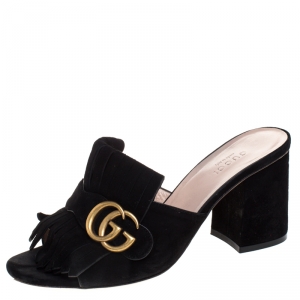 Pre Owned Gucci Black Suede Leather GG Marmont Fringe Mules Size 37.5