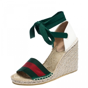 Pre Owned Gucci Multicolor Canvas And Web Lilibeth Platform Wedge Sandals Size 36