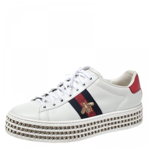 Gucci White Leather And Bee Web Detail New Ace Crystal Embellished Platform Sneakers Size 37