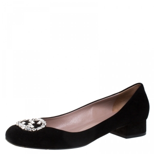 Pre Owned Gucci Black Suede Crystal GG Ballet Flats Size 41