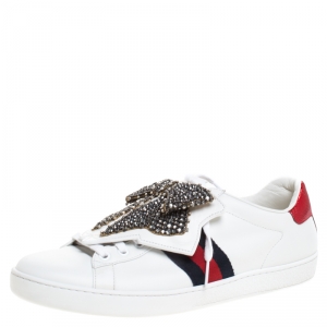 Gucci White Leather Ace Crystal Bow Lace Up Sneakers Size 41