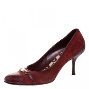 مملوكة مسبقًا Gucci Burgundy Suede And Horsebit Embossed Leather Cap Toe Pumps Size 38.5