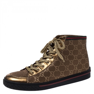 Gucci Bronze/Gold GG Canvas and Leather Lace High Top Sneakers Size 39.5