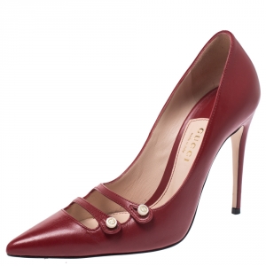Pre Owned Gucci Red Leather Aneta GG Buttons Pointed Toe Pumps Size 36.5