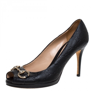 مملوكة مسبقًا Gucci Black Guccissima Leather New Hollywood Horsebit Peep Toe Pumps Size 39.5