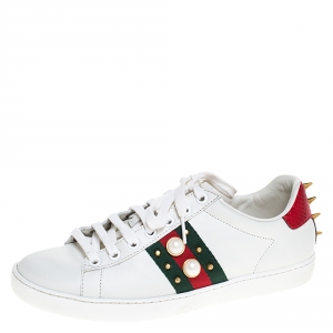 Gucci White Leather Python Trim Web Detail New Ace Faux Pearl Embellished Low Top Sneakers Size 36