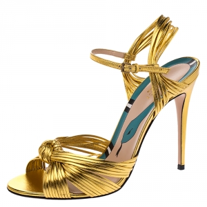 مملوكة مسبقًا Gucci Metallic Gold Leather Strappy Allie Knot Sandals Size 38