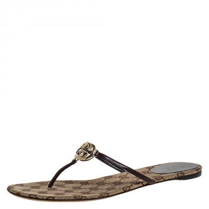 مملوكة مسبقًا Gucci Brown Leather Interlocking "GG" Thong Sandals Size 39