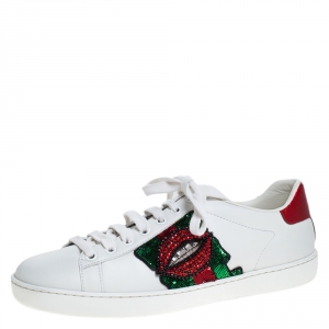Gucci White Leather Embellished Ace Low Top Sneakers Size 37