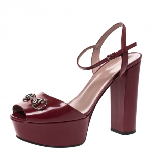 Gucci Burgundy Leather Claudie Horsebit Peep Toe Platform Sandals Size 40