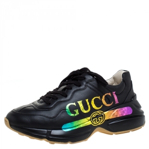Gucci Black Iridescent Logo Leather Rhyton Platform Sneakers Size 37.5