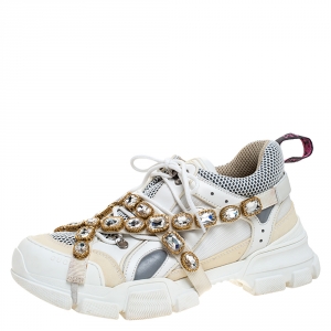 Gucci White Leather and Mesh Flashtrek Removable Crystals Sneakers Size 41