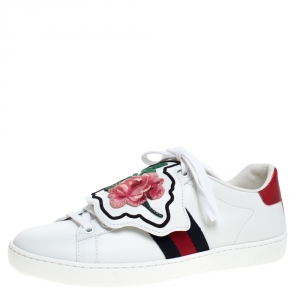 Gucci White Leather Ace Web Low Top Sneakers with Removable Patch Size 37