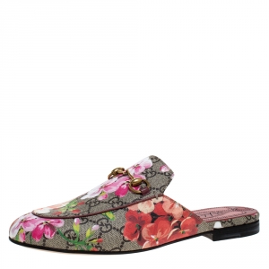 مملوكة مسبقًا Gucci Begie Blooms Print GG Supreme Canvas Princetown Hosrebit Flat Mules Size 38