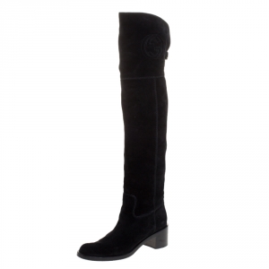 Pre Owned Gucci Black Suede GG Knee Length Boots Size 39