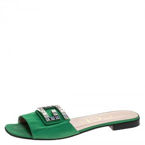 مملوكة مسبقًا Gucci Green Satin Crystal G Slide Sandals Size 40.5