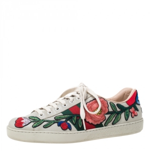 Gucci Cream Floral Embroidered Leather Ace Low Top Sneakers Size 37.5