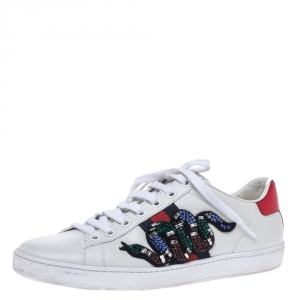 Gucci White Leather Crystal Embellished Snake Python Trim Web Detail Ace Low Top Sneakers Size 37.5