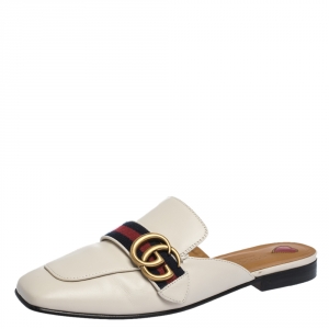 Pre Owned Gucci Off-white Leather Peyton GG Web Flat Slide Mules Size 38