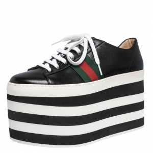 Gucci Black Leather Peggy Web Detail Platform Sneakers Size 39