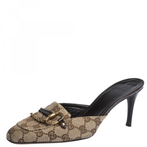 مملوكة مسبقًا Gucci Beige/Ebony GG Canvas Horsebit Mules Size 40