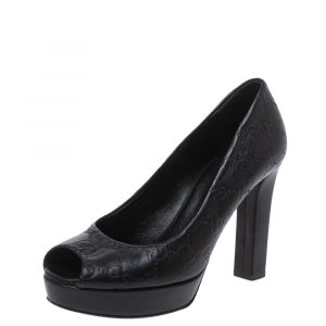 Pre Owned Gucci Black Guccissima Leather Peep Toe Platform Pumps Size 35