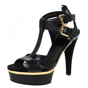 مملوكة مسبقًا Gucci Black Leather Open Toe Platform Ankle Strap Sandals Size 35.5