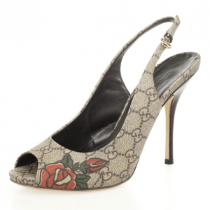 Pre Owned Gucci Guccissima Tattoo Heart Peep Toe Slingback Sandals Size 38.5