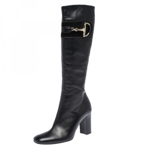 Pre Owned Gucci Black Leather Horsebit Knee Length Boots Size 38