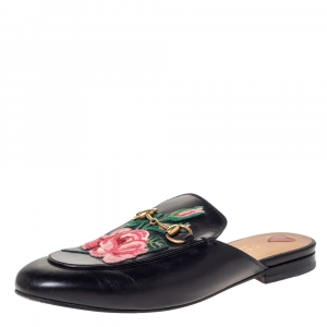مملوكة مسبقًا Gucci Black Leather Princetown Flower Embroidered Flat Mules Size 37