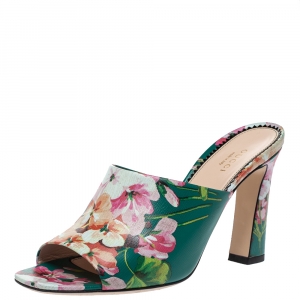 مملوكة مسبقًا Gucci Green Leather Shanghai Blooms Mule Sandals Size 38.5