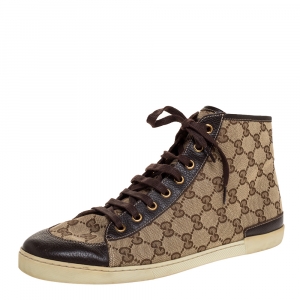 Gucci Brown/Beige GG Canvas And Leather Trim High Top Sneakers Size 41
