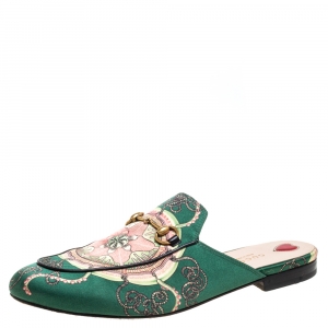 Pre Owned Gucci Green Printed Satin Princetown Mules Size 41