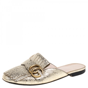 Pre Owned Gucci Gold Foil Leather Marmont Kiltie GG Fringe Mules Size 36.5