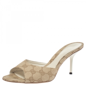 Pre Owned Gucci Beige GG Canvas Open Toe Slide Sandals Size 37