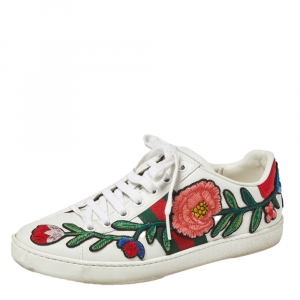 مملوكة مسبقًا Gucci White Floral Embroidered Leather Ace Low Top Sneakers Size 36.5