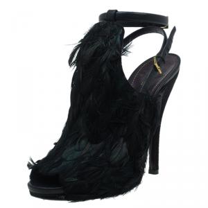 Pre Owned Gucci Dark Green Feathers and Suede Jane Peep Toe Booties Size 38