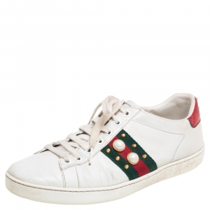 مملوكة مسبقًا Gucci White Leather Python Embossed Web Detail New Ace Faux Pearl Embellished Low Top Sneakers Size 38