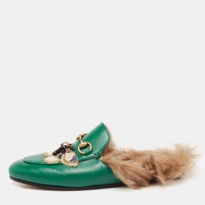 مملوكة مسبقًا Gucci Green Leather Fur Lined Embellished Bee Princetown Horsebit Flat Mules Size 37