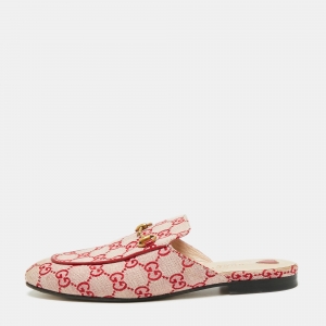 Pre Owned Gucci Red GG Canvas Horsebit Princetown Horsebit Flat Mules Size 39