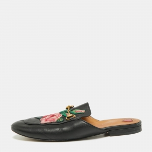 مملوكة مسبقًا Gucci Black Leather Princetown Horsebit Flat Mules Size 40.5