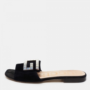 مملوكة مسبقًا Gucci Black Velvet Crystal G Flat Sandals Size 36 