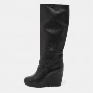 Pre Owned Gucci Black Leather Wedge Knee Length Boots Size 37