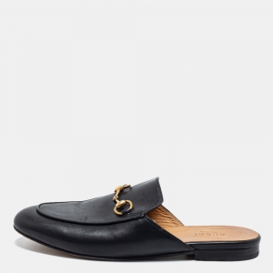 مملوكة مسبقًا Gucci Black Leather Princetown Horsebit Flat Mules Size 37.5