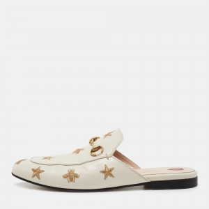 Pre Owned Gucci Off White/Gold Leather Bee Embroidered Princetown Horsebit Flat Mules Size 38.5