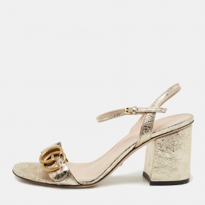 Gucci Metallic Gold Leather GG Marmont Ankle Strap Sandals Size 36.5