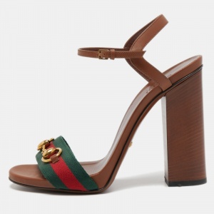 مملوكة مسبقًا Gucci Brown Leather Horsebit Web Stripe Detail Ankle Strap Sandals Size 38