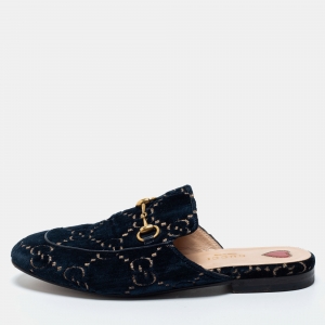 Pre Owned Gucci Navy Blue Velvet GG Princetown  Sandals Size 36.5